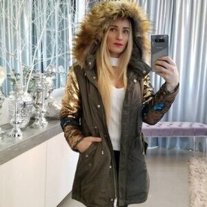 PARKA COAT WITH SEQUIN SLEEVES